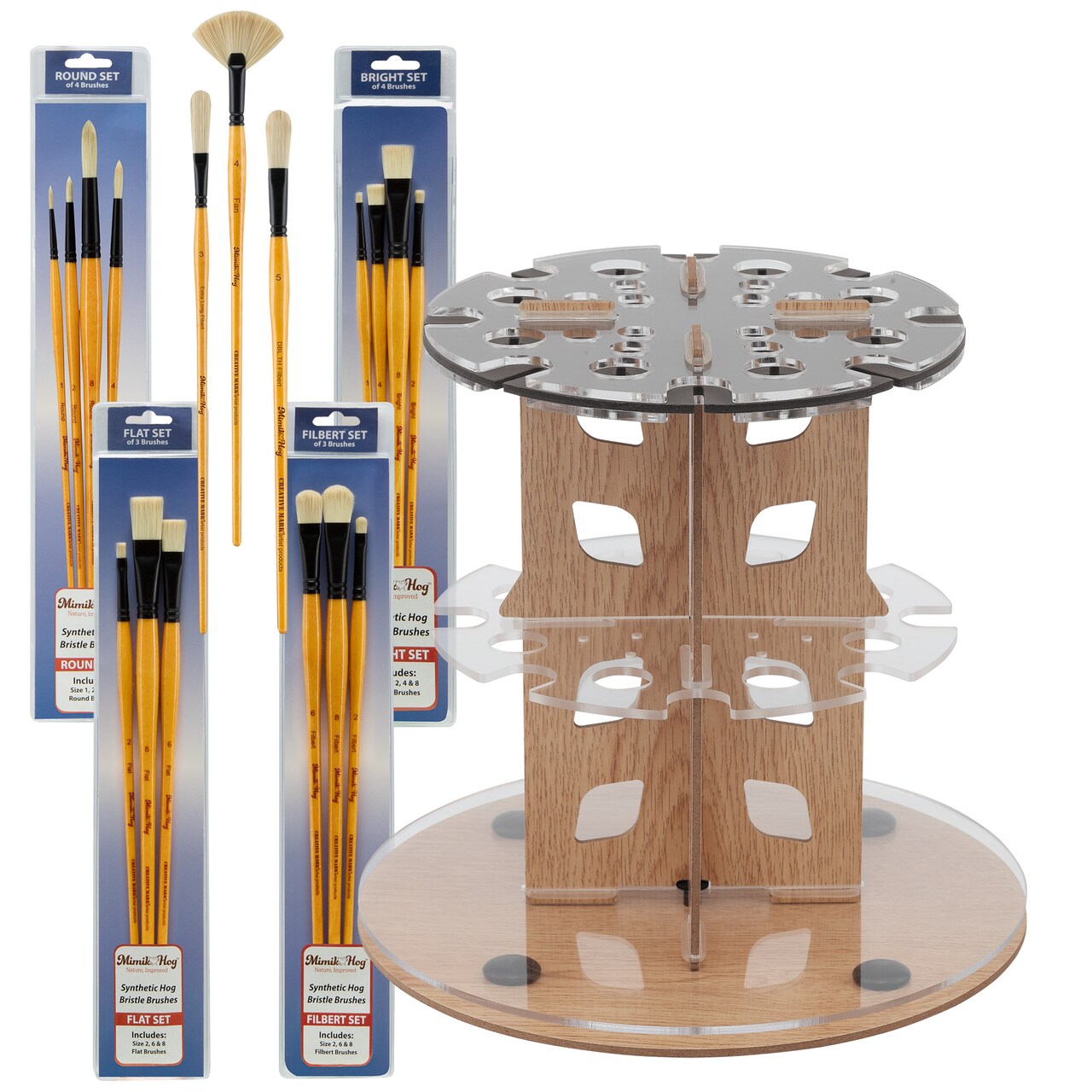 Mezzo Rotating Paint Brush Storage Rack with Mimik Hog Set of 17 Professional Brushes -Synthetic Hog Hair Paint Brush Set for All Paint Types with Brush Drying Carousel - Holds Up to 28 Brushes